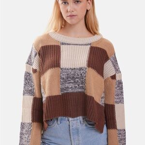 For Love and Lemons Finley Patchwork Knit Sweater - Brown and Cream